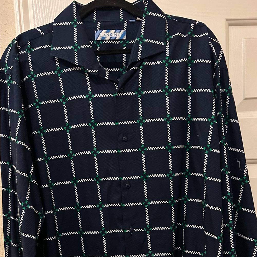 Lanvino Men's Navy and Green Checkered Casual Shirt